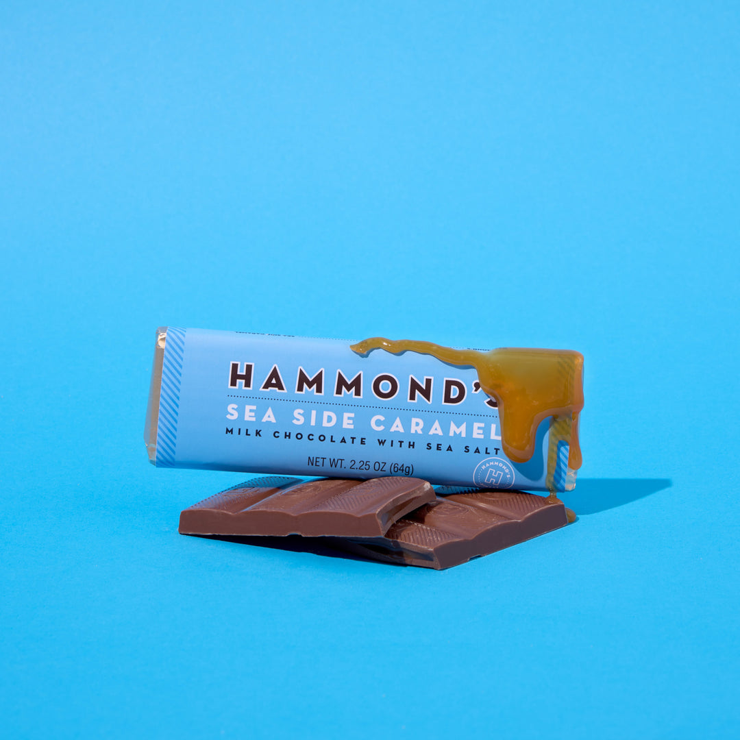 Hammond's Sea Side Caramel chocolate bar on a blue background
