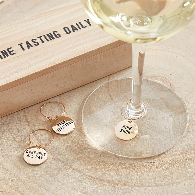 Gold Wine Charms in Pine Box "Wine Tasting Daily"