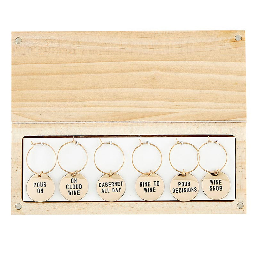 Gold Wine Charms in Pine Box "Wine Tasting Daily"