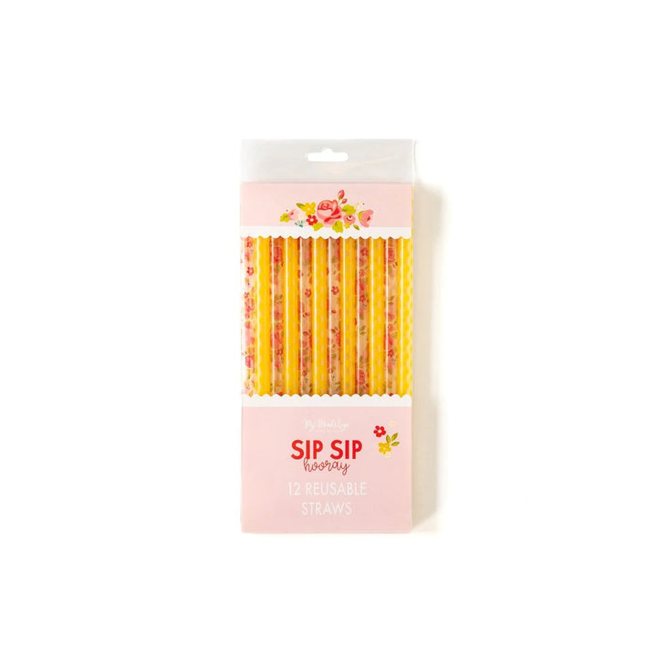Bright Gingham Floral Reusable Straws, 12 ct