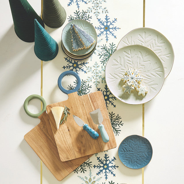 Debossed Snowflake Ceramic Platter, 10", White + Gold Rim