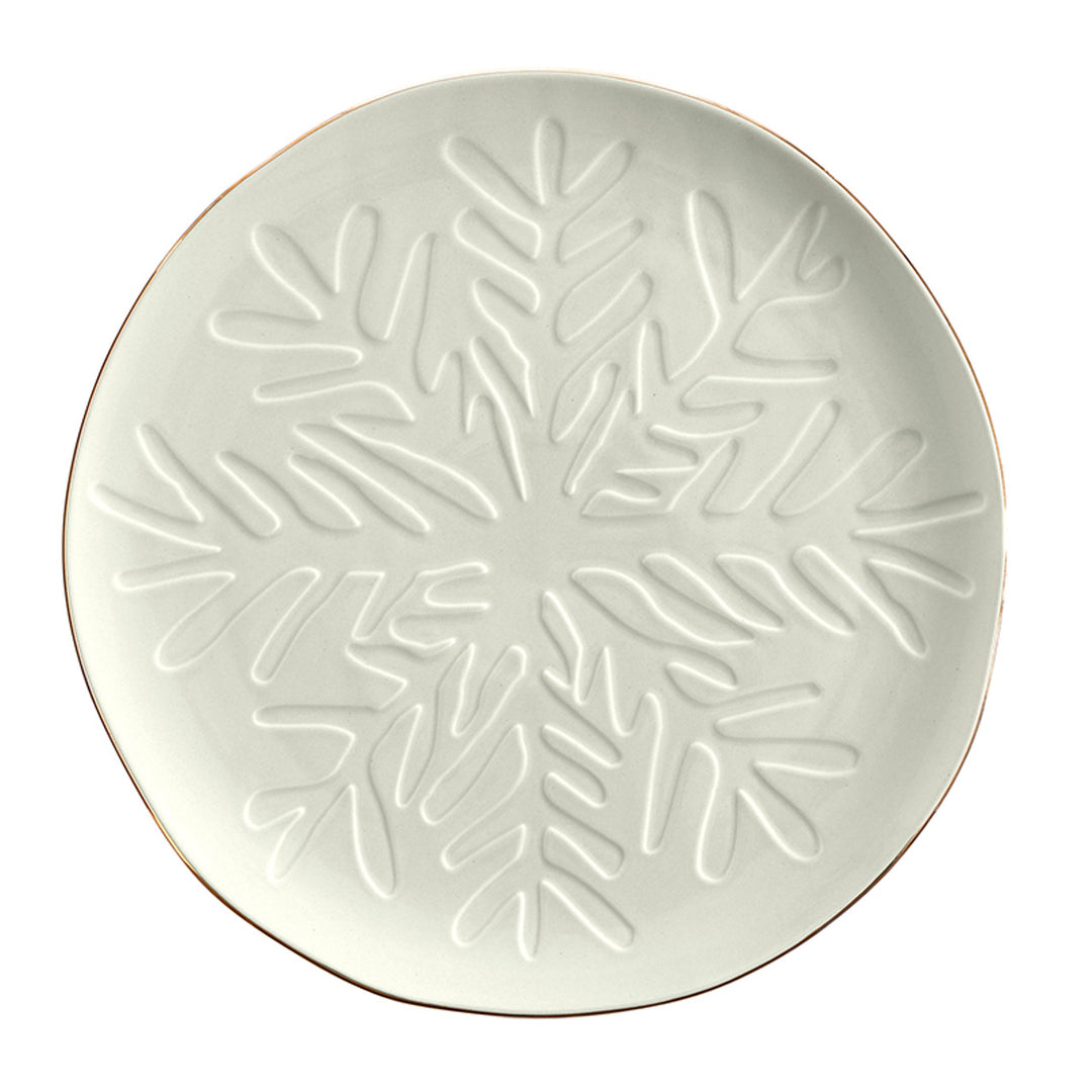 Debossed Snowflake Ceramic Platter, 10", White + Gold Rim