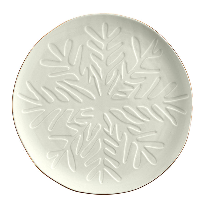 Debossed Snowflake Ceramic Platter, 10", White + Gold Rim