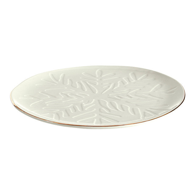 Debossed Snowflake Ceramic Platter, 10", White + Gold Rim