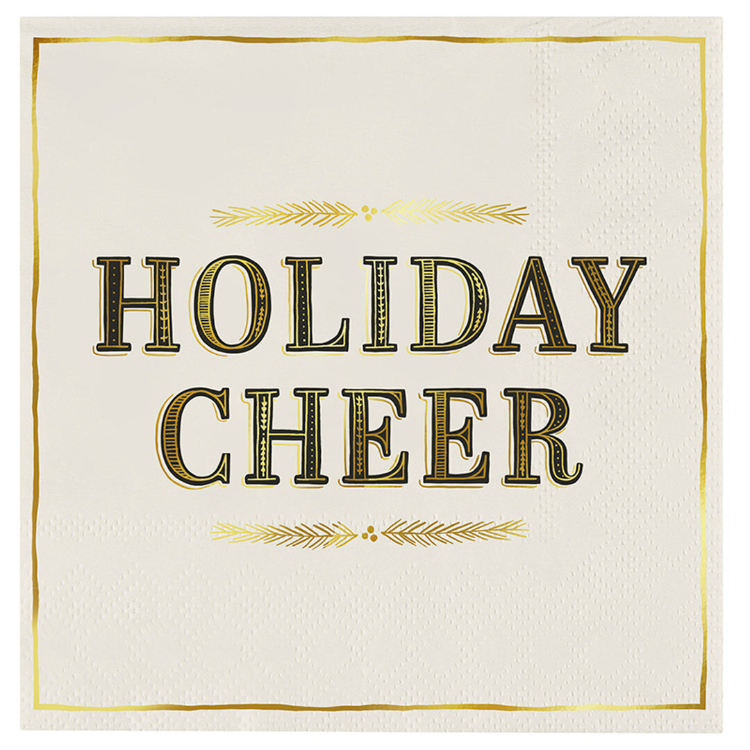 "Holiday Cheer" Cocktail Napkins, White + Gold