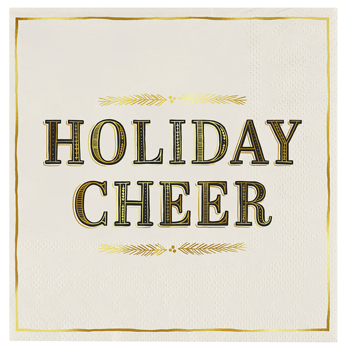 "Holiday Cheer" Cocktail Napkins, White + Gold
