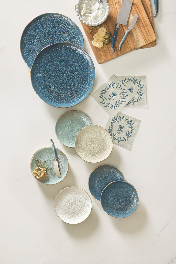 Stamped Ceramic Platter, 10", Blue+ Gold Rim