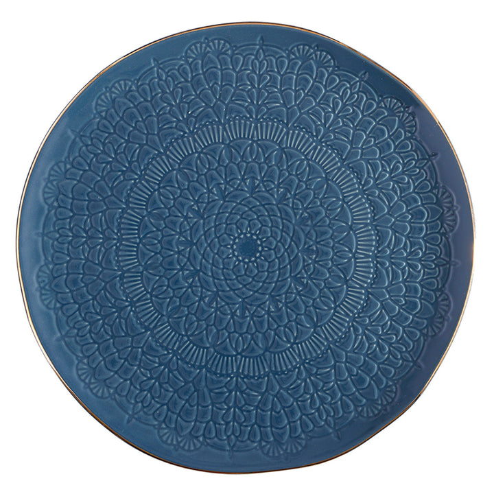 Stamped Ceramic Platter, 10", Blue+ Gold Rim
