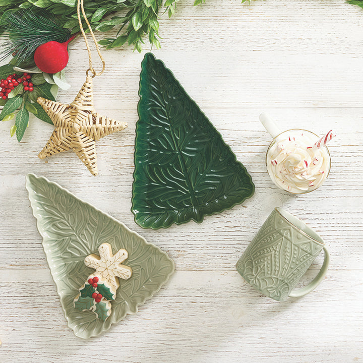 Tree Shaped Stamped Platter, 11"x7.75", Sage Mist