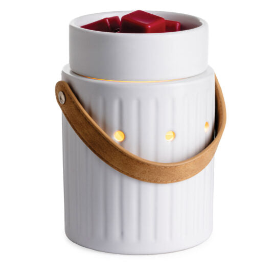 Ribbed White Illuminated Fragrance Warmer with Leather Handle