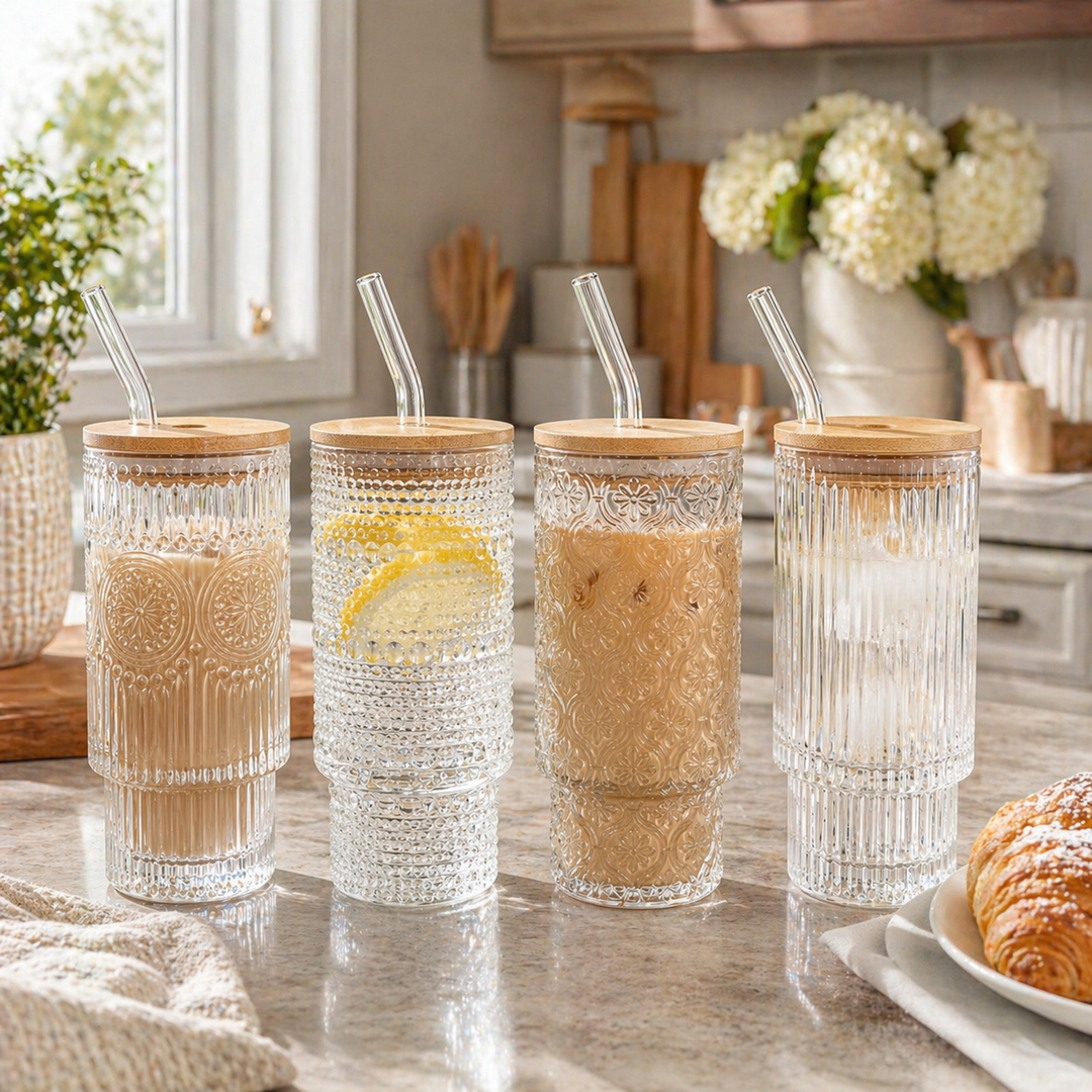 16oz Embossed Glass Tumbler with Bamboo Lid + Glass Straw