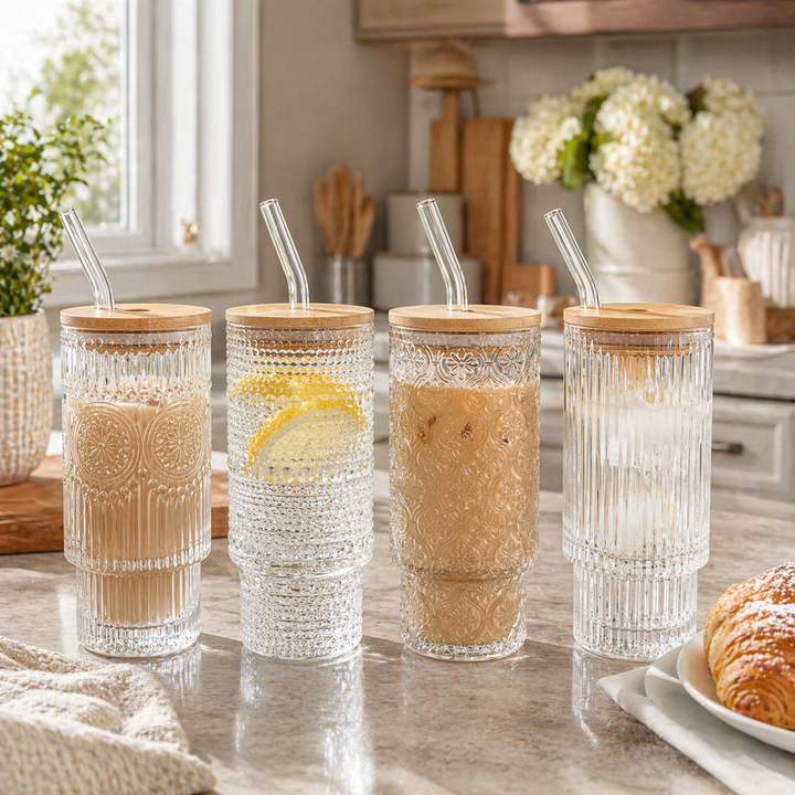 16oz Embossed Glass Tumbler with Bamboo Lid + Glass Straw