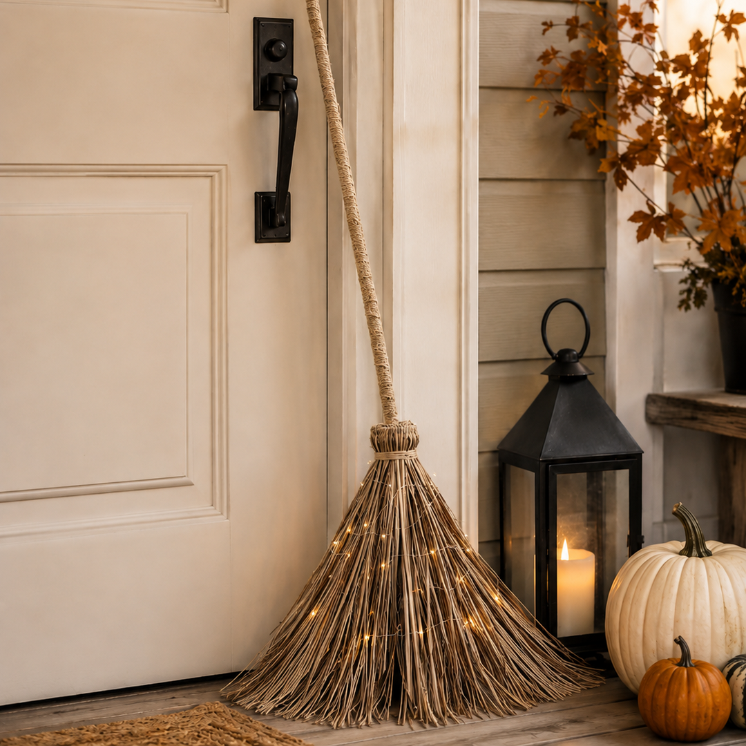 A decorative straw-style broom with a long handle leans against a cream front door on a porch. The broom has warm white string lights woven through the bristles.