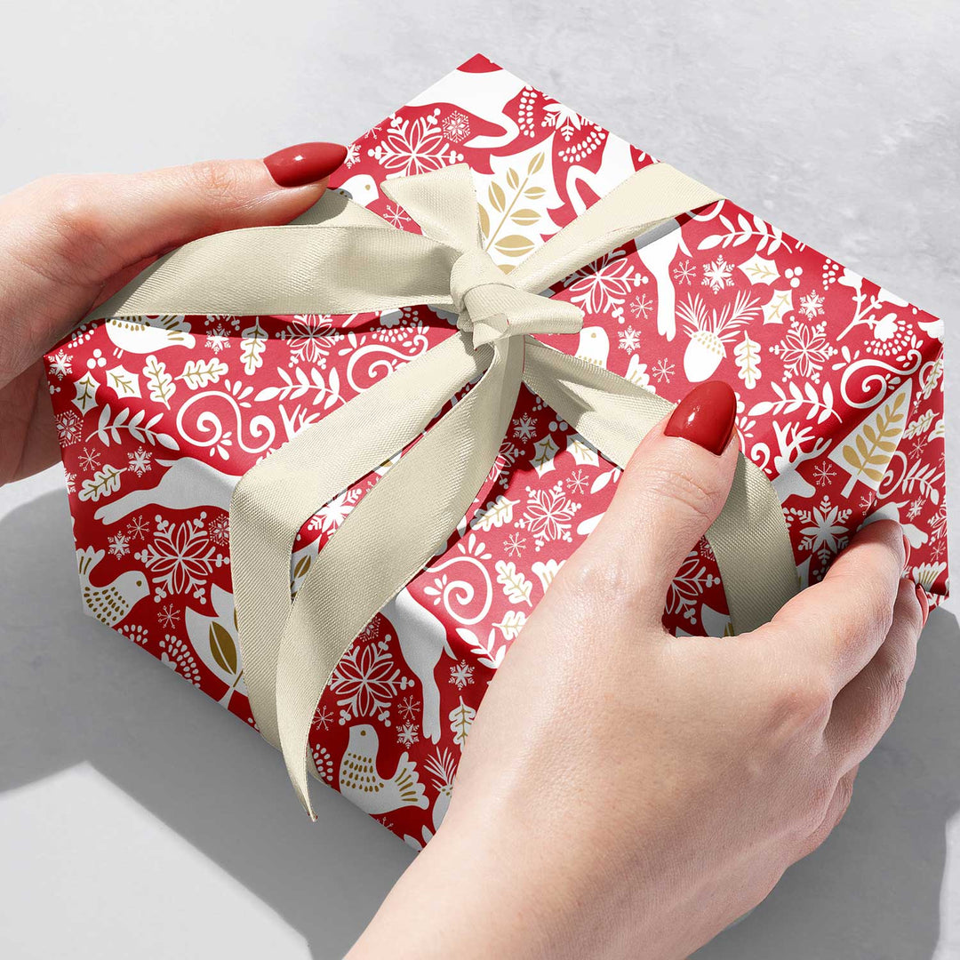 Red Scandanavian Christmas Gift Wrap, 10 ft x 30"
