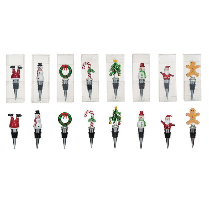 Set of Christmas-themed bottle stoppers on a white background