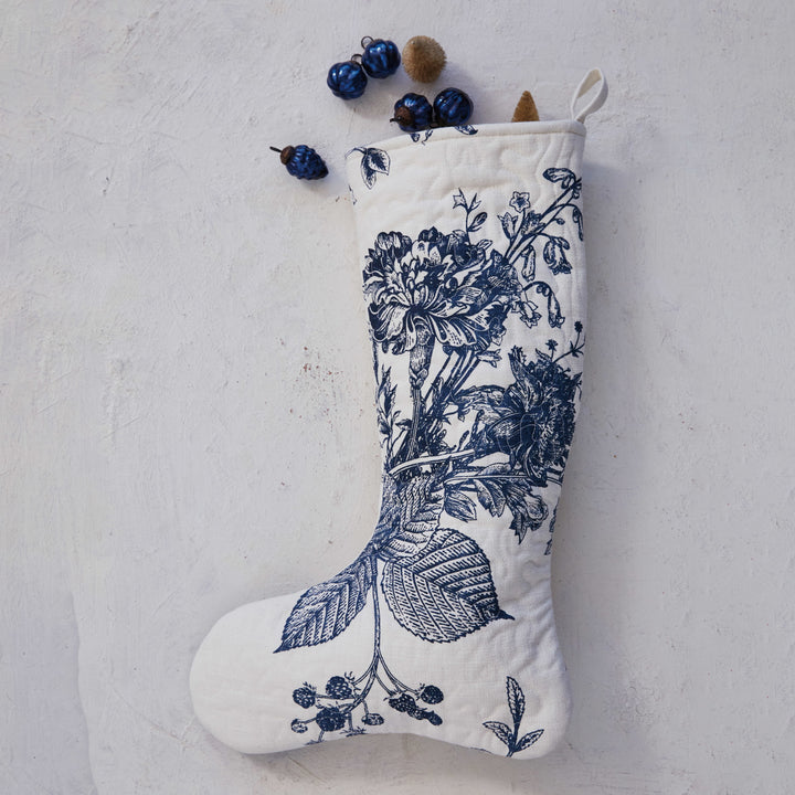 Quilted Cotton Printed Stocking, White + Blue Floral Print