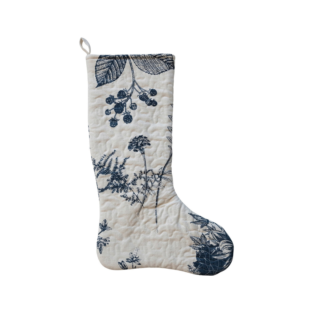 Quilted Cotton Printed Stocking, White + Blue Floral Print