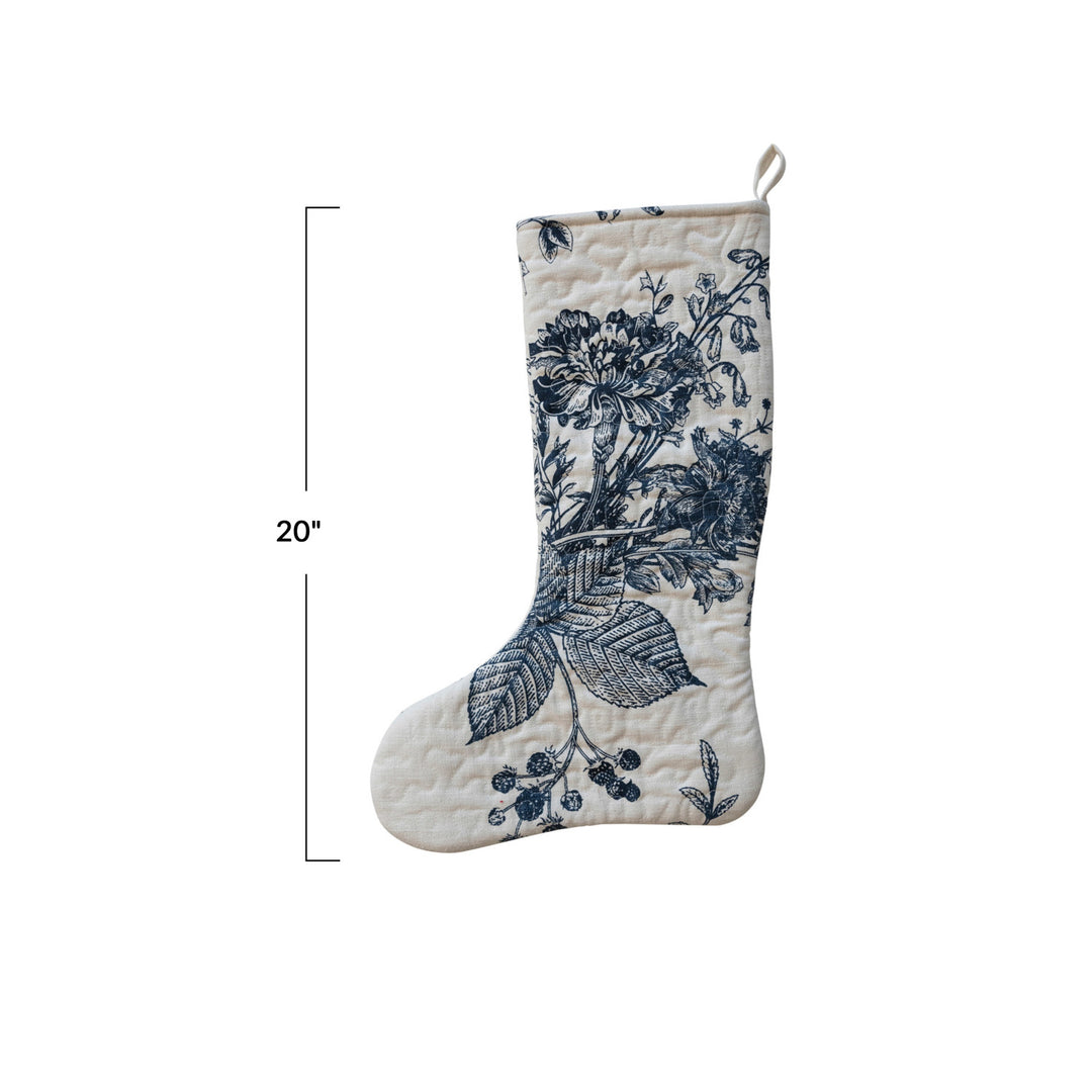 Quilted Cotton Printed Stocking, White + Blue Floral Print