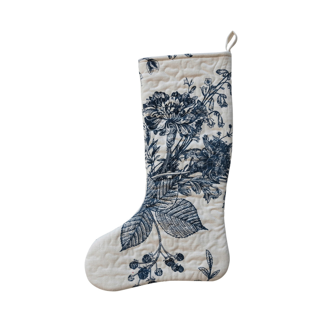 Quilted Cotton Printed Stocking, White + Blue Floral Print