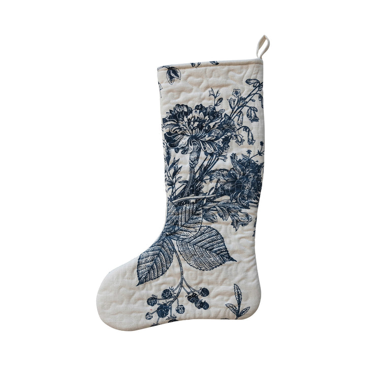 Quilted Cotton Printed Stocking, White + Blue Floral Print