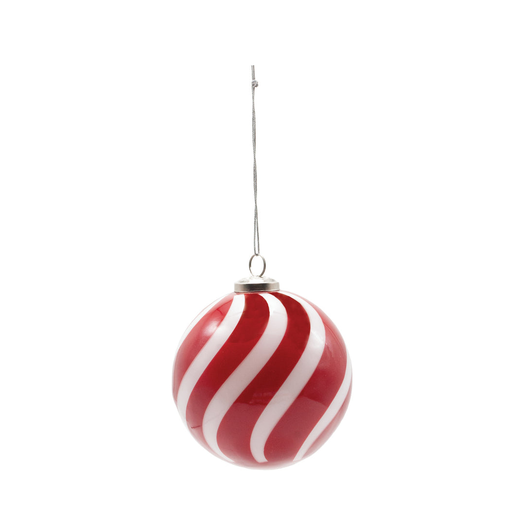 Hand-Blown Glass Ball Swirled Stripe Ornament, Red + White
