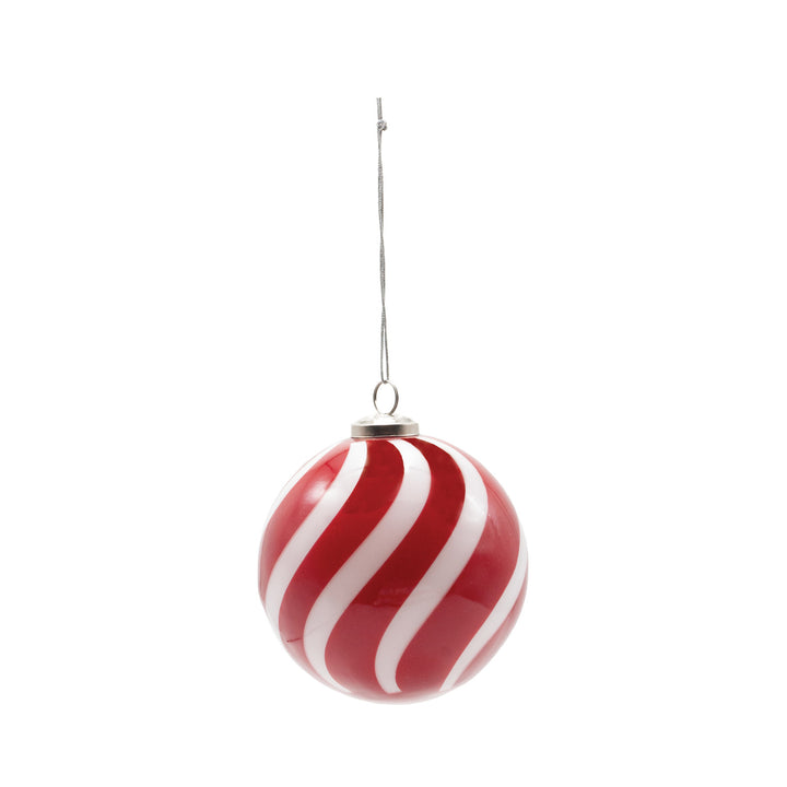 Hand-Blown Glass Ball Swirled Stripe Ornament, Red + White