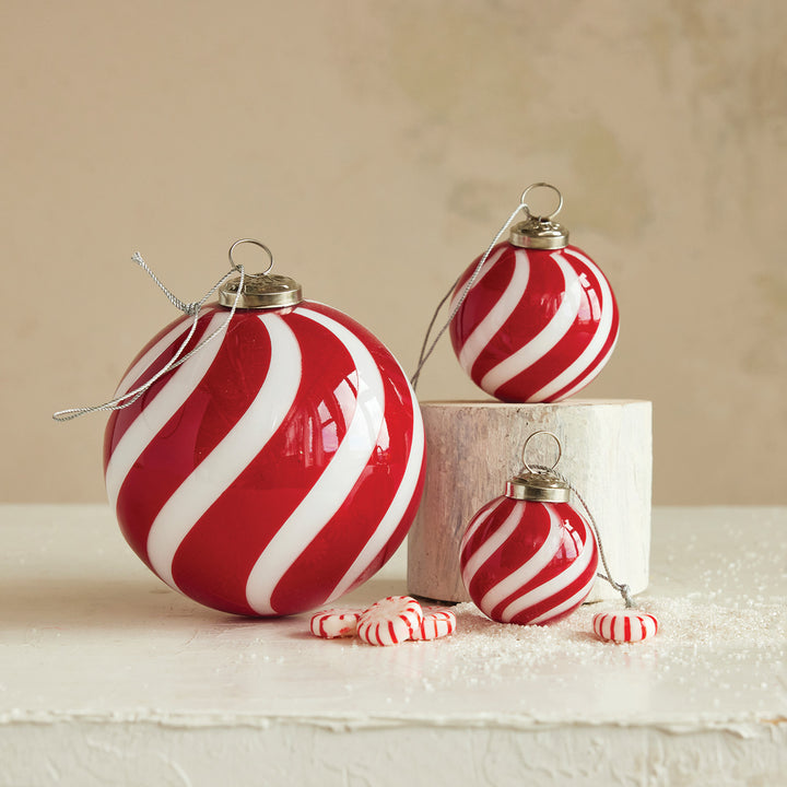 Hand-Blown Glass Ball Swirled Stripe Ornament, Red + White