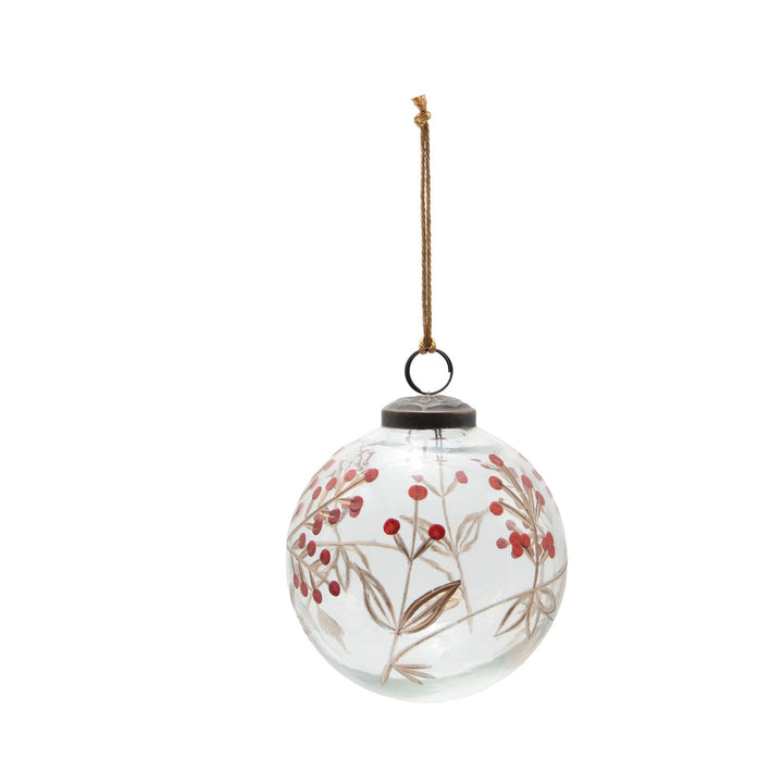 Glass Etched Hand-Painted Red Berries + Golden Leaves Ornament