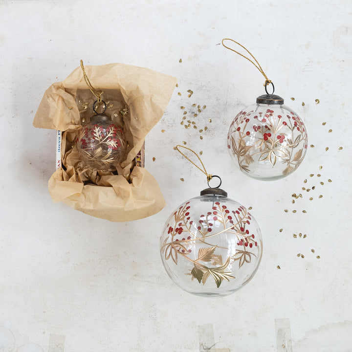 Glass Etched Hand-Painted Red Berries + Golden Leaves Ornament