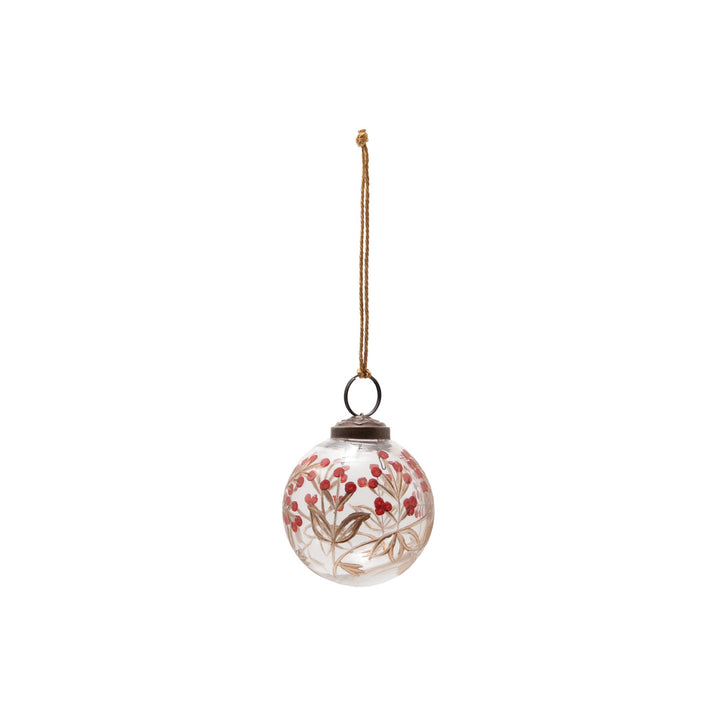 Glass Etched Hand-Painted Red Berries + Golden Leaves Ornament