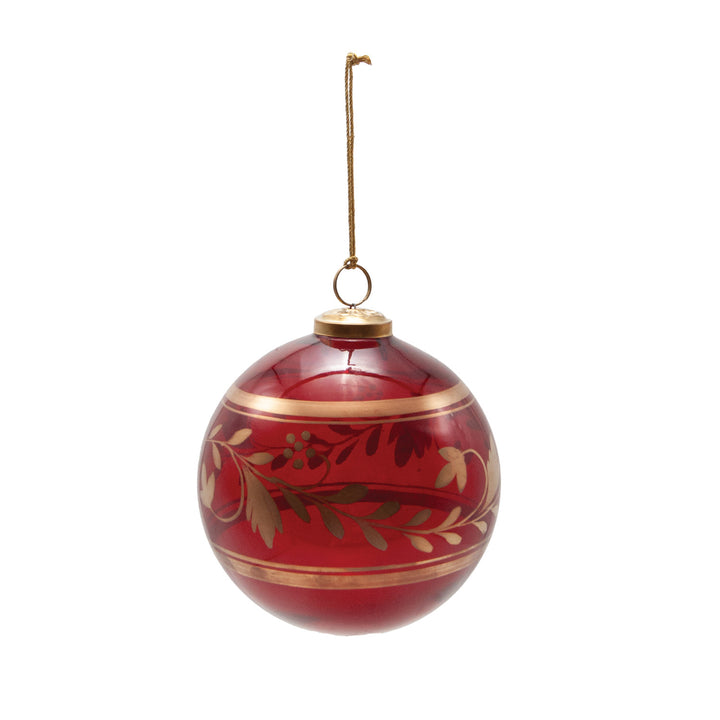 Hand-Painted with Golden Botanicals, Glass Ball Ornament