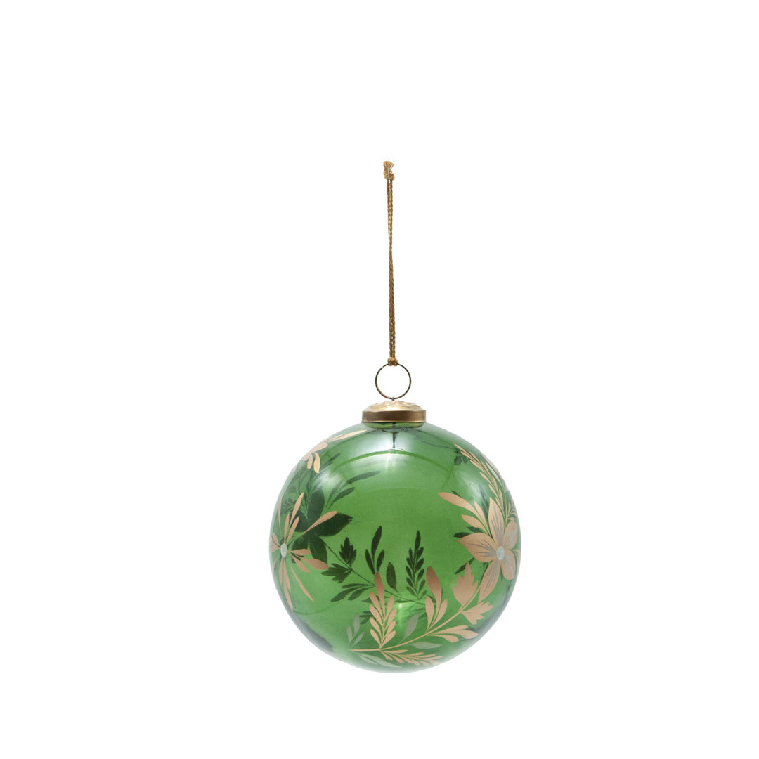 Hand-Painted with Golden Botanicals, Glass Ball Ornament