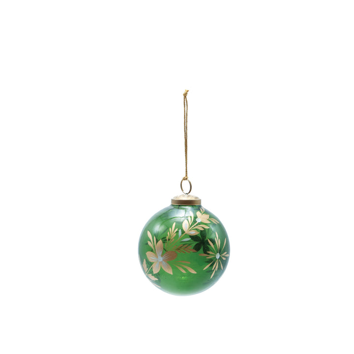 Hand-Painted with Golden Botanicals, Glass Ball Ornament