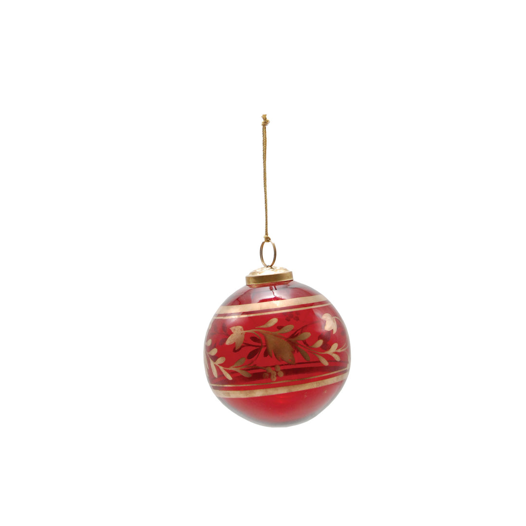 Hand-Painted with Golden Botanicals, Glass Ball Ornament