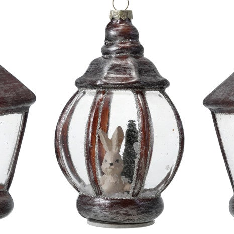 Lantern Ornament with Bunny + Deer + Snow + Glitter