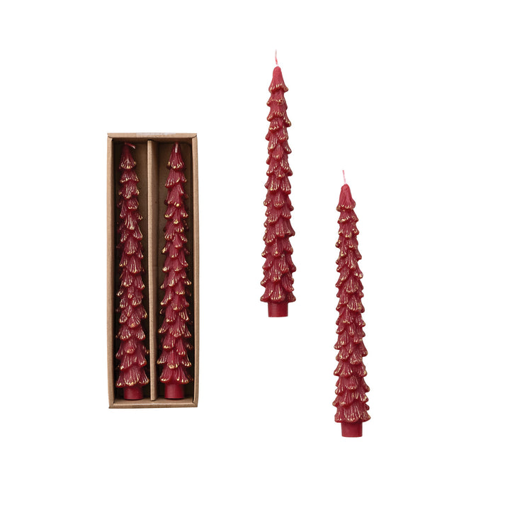 Gold-Tipped Burgundy Tree Taper Candles