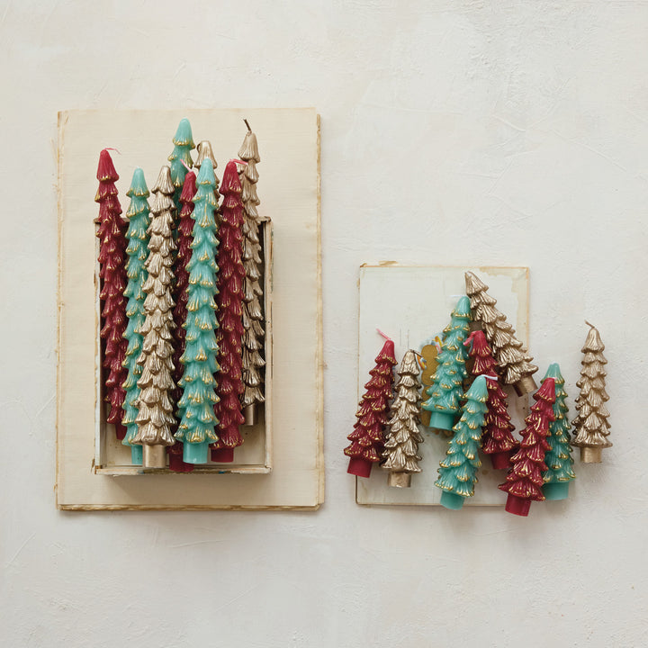 Gold-Tipped Burgundy Tree Taper Candles
