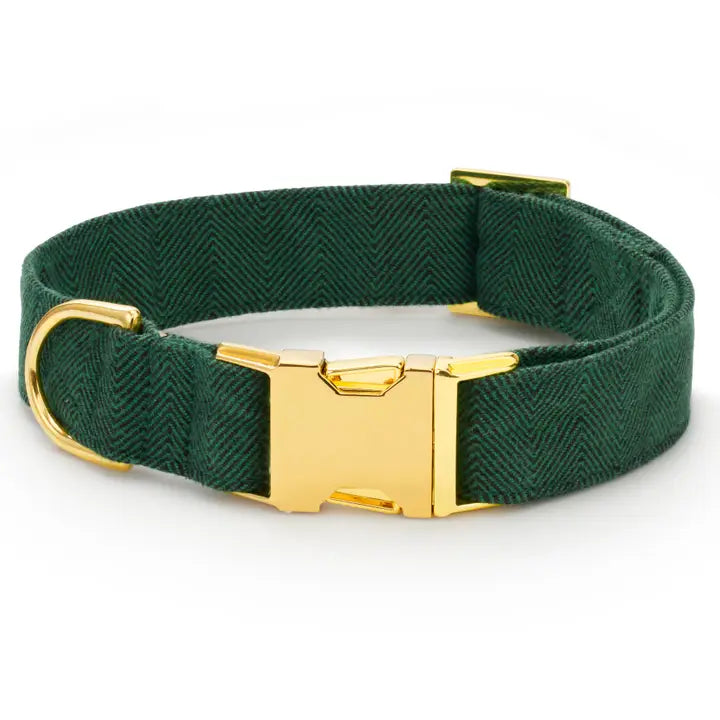 Evergreen Herringbone Dog Collar with Gold Hardware