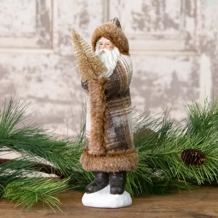 Plaid Woodland Santa Holding Bottlebrush Tree