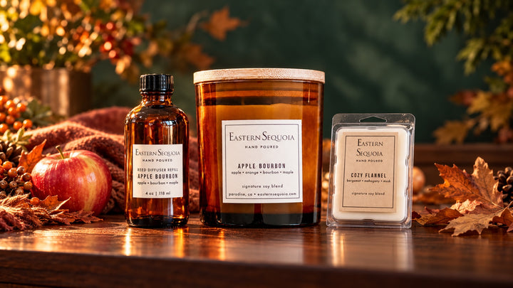 Apple Bourbon fall home fragrance collection with candle and reed diffuser by Eastern Sequoia