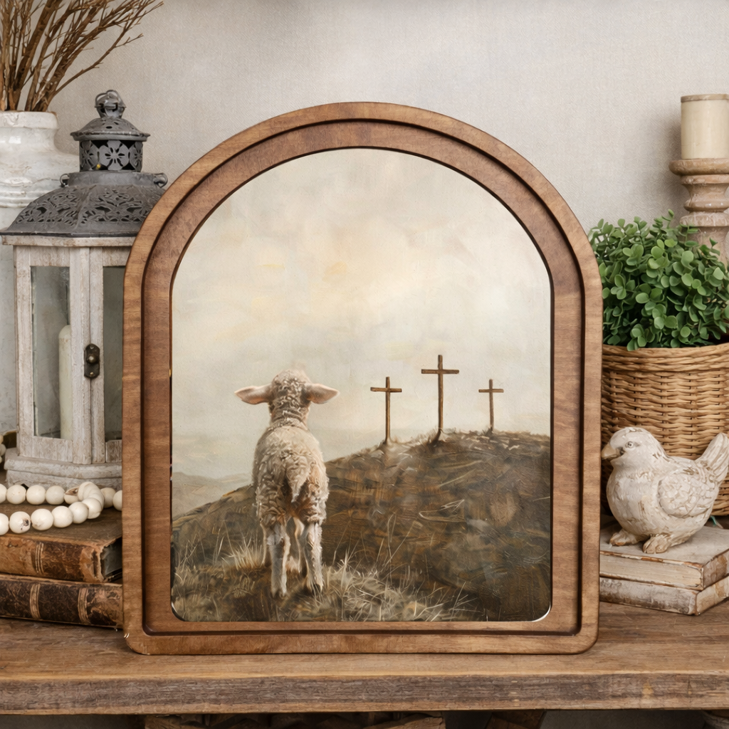 Framed artwork of a lamb looking at three crosses on a hillside, displayed on a wooden surface with decorative items.