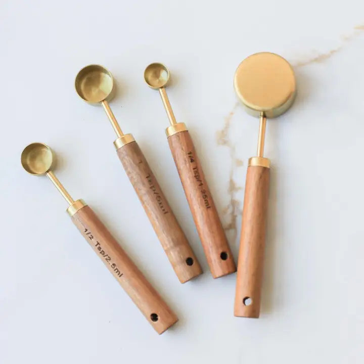 Walnut Wood Handle Gold Measuring Cups &amp; Spoons – 4-Piece Sets