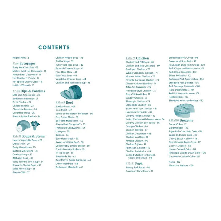 A printed or digital contents page from a book or menu, with the title &
