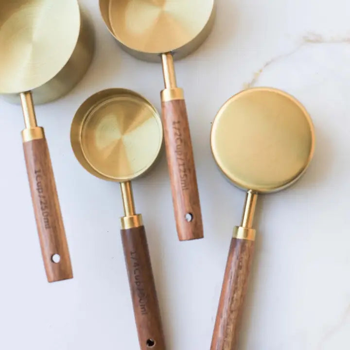 Walnut Wood Handle Gold Measuring Cups &amp; Spoons – 4-Piece Sets