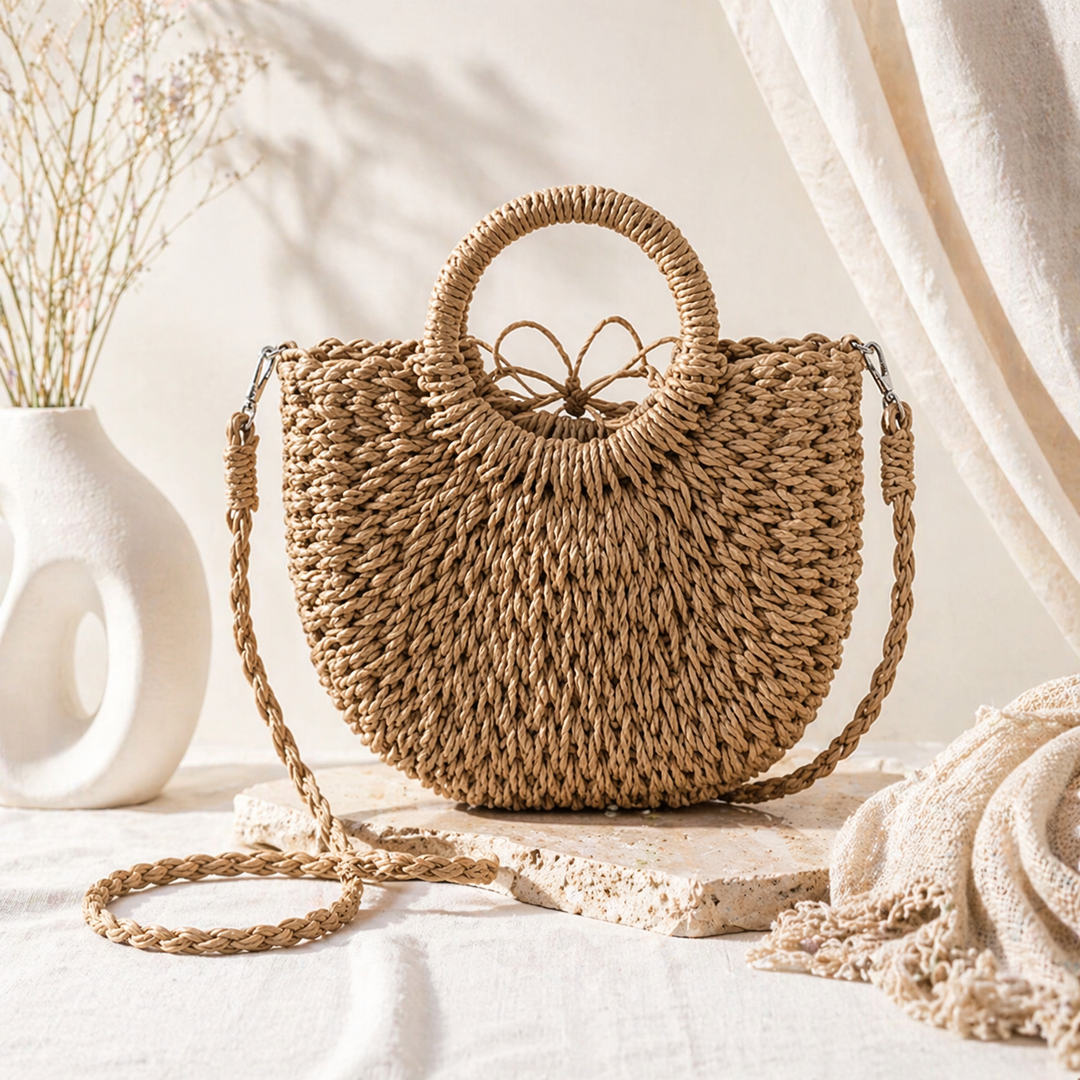 Woven Straw Crossbody Bag with Round Handles