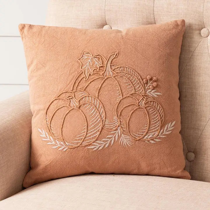 Stonewashed Embroidered Pumpkin Throw Pillow