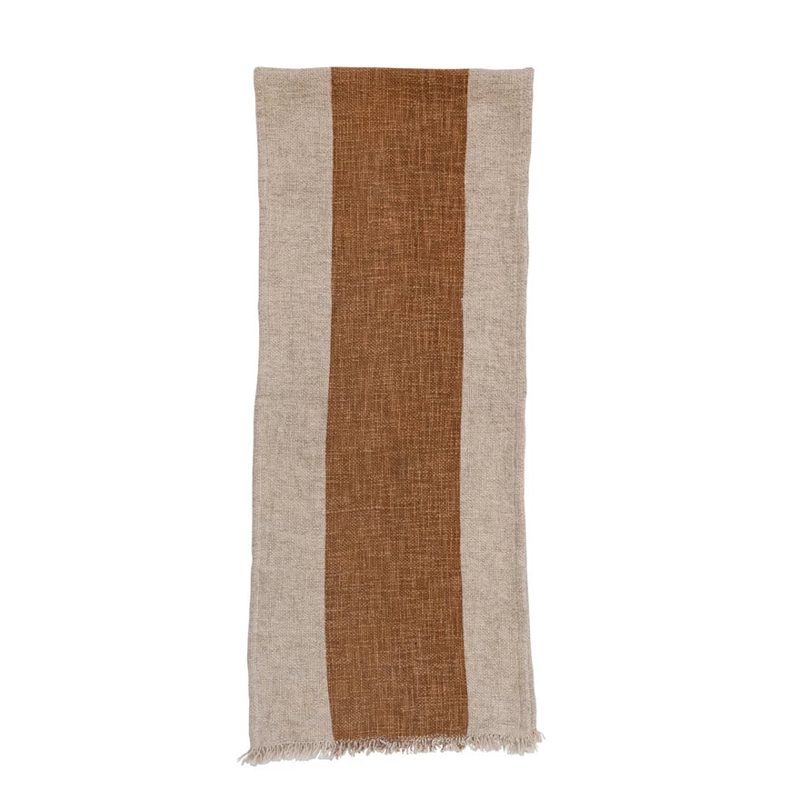 Table Runner w/ Stripe & Fringe, Natural + Brown, 72" x 14"