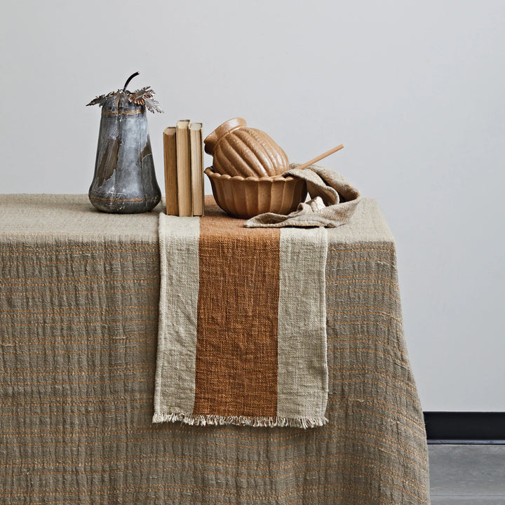 Table Runner w/ Stripe & Fringe, Natural + Brown, 72" x 14"