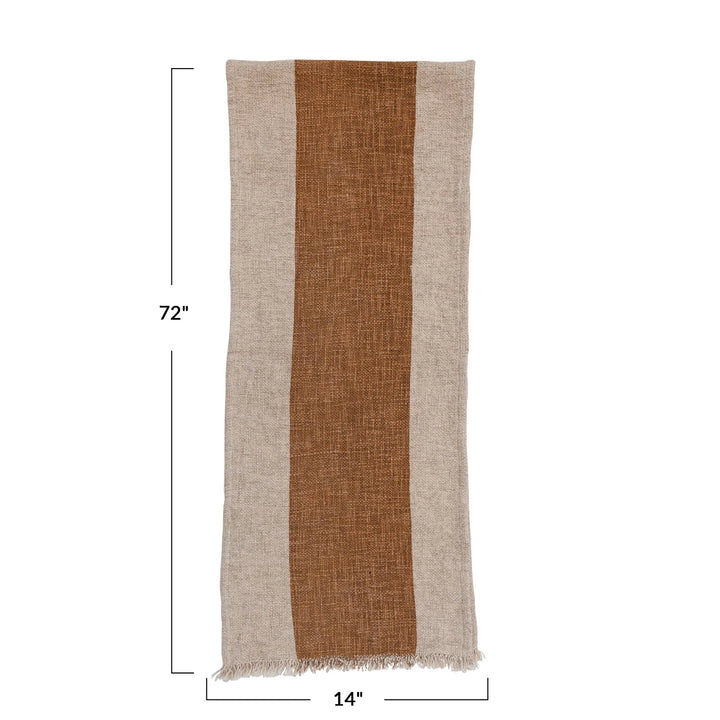 Table Runner w/ Stripe & Fringe, Natural + Brown, 72" x 14"