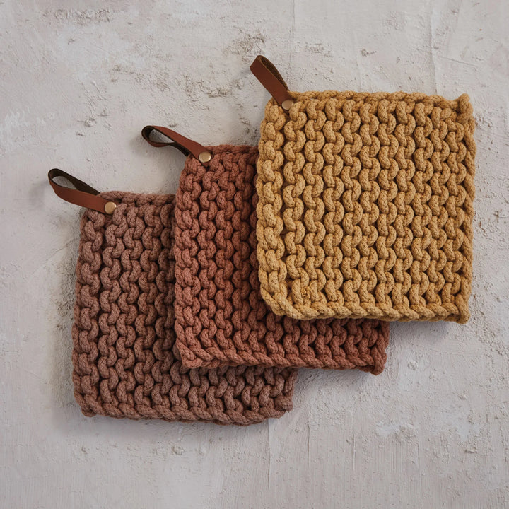 Cotton Crocheted Pot Holder + Leather Loop, 8"